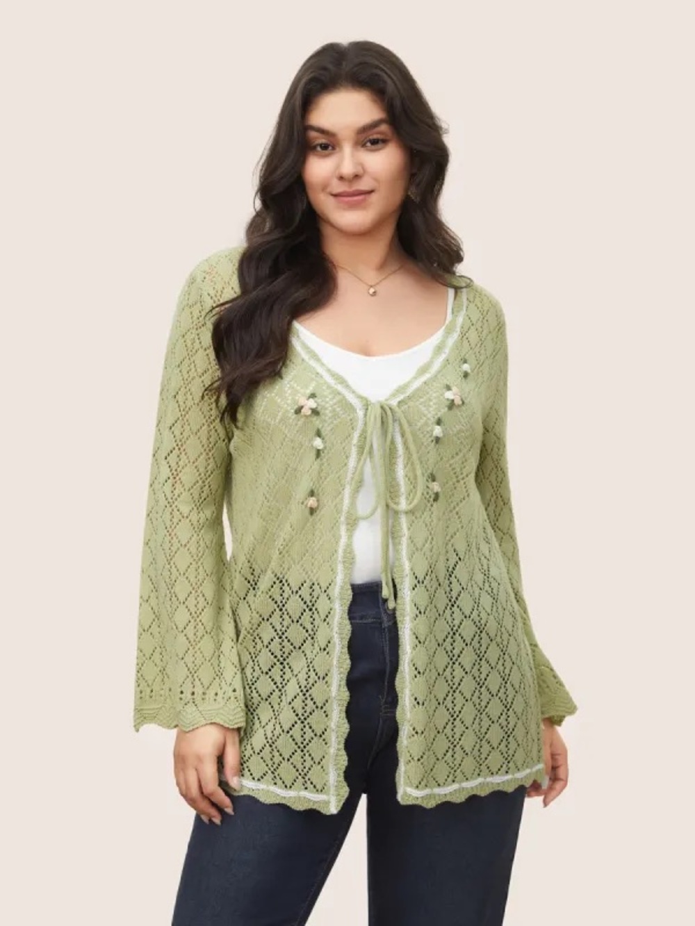 BloomChic Plus Size Crochet Knit Flower Embroidered Tie Cardigan Cottagecore